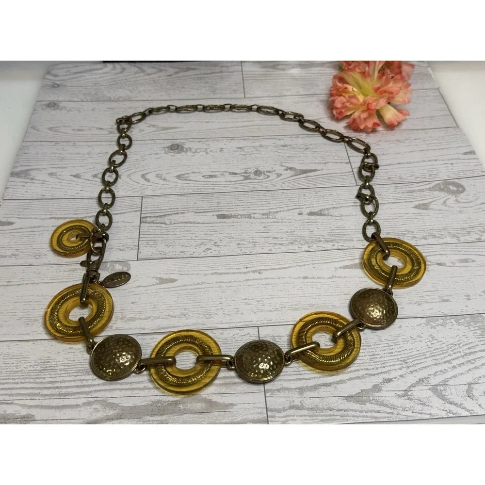 Chicos Metal Yellow Lucite Bronze Medallion‎ Chain Adjustable Belt Necklace 34